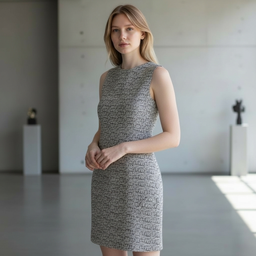 LOFT 8P Black & White Geometric Lines Print Dress - Exposed Back Zip